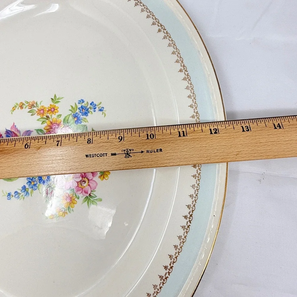 Homer Laughlin Eggshell Georgian Floral Oval Serving Platter Blue Gold Trim 15in